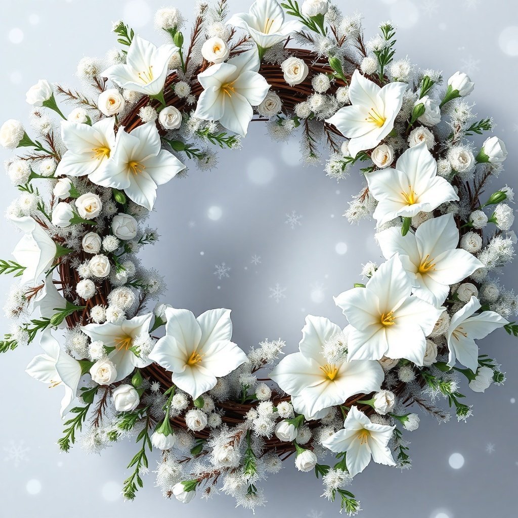 A beautiful Christmas wreath featuring white flowers and greenery on a snowy background.