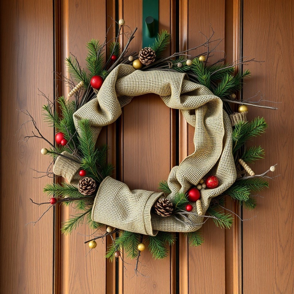 A rustic Christmas wreath made of burlap, pine branches, and ornaments, hanging on a wooden door.