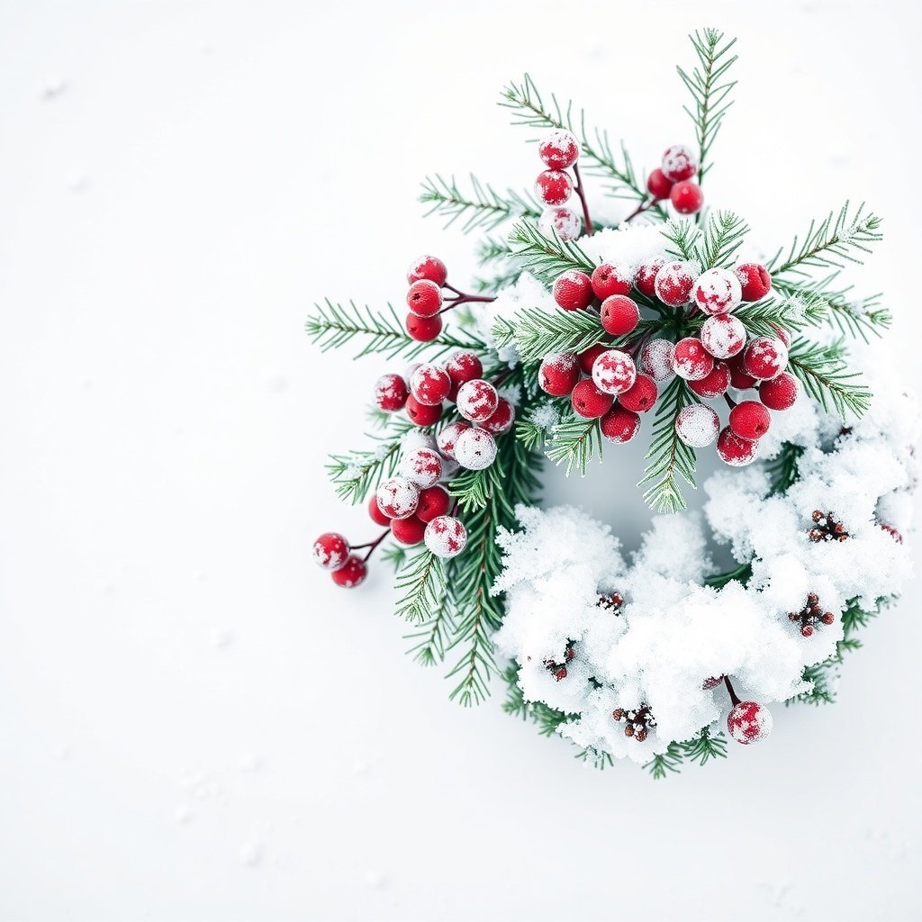 A frosted berry and pine wreath with red berries and green pine needles, set against a snowy background.