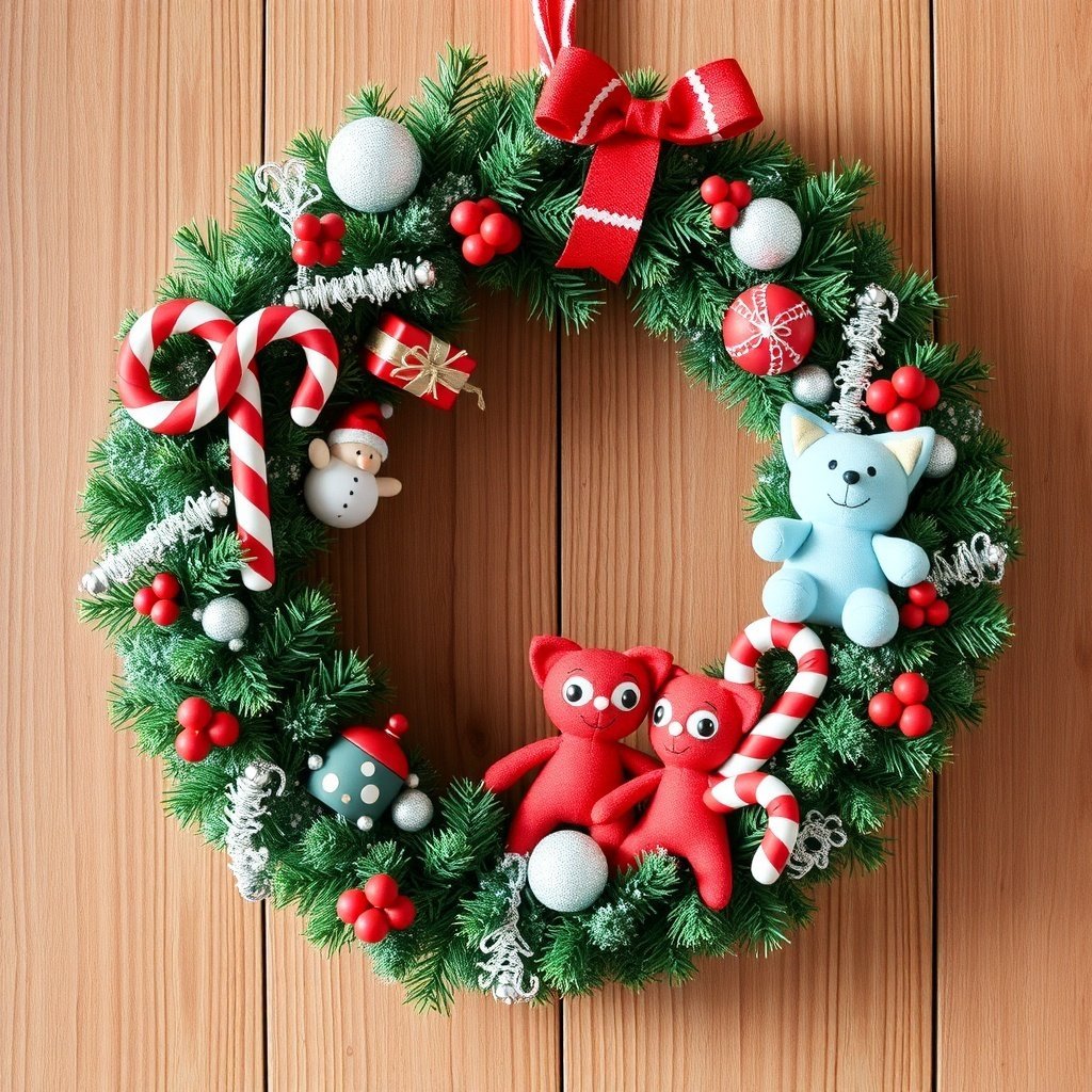 A whimsical Christmas wreath featuring plush toys, candy canes, and colorful ornaments.