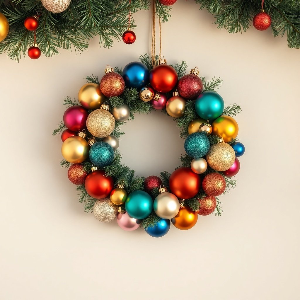 A vibrant Christmas wreath decorated with colorful ornaments in red, blue, gold, and pink.