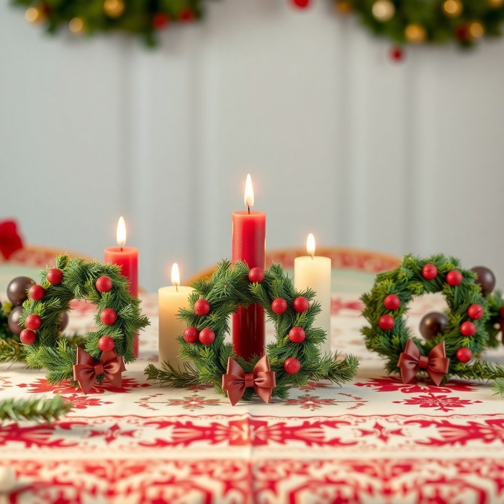 Mini Christmas wreaths with red berries and bows on a festive table with candles