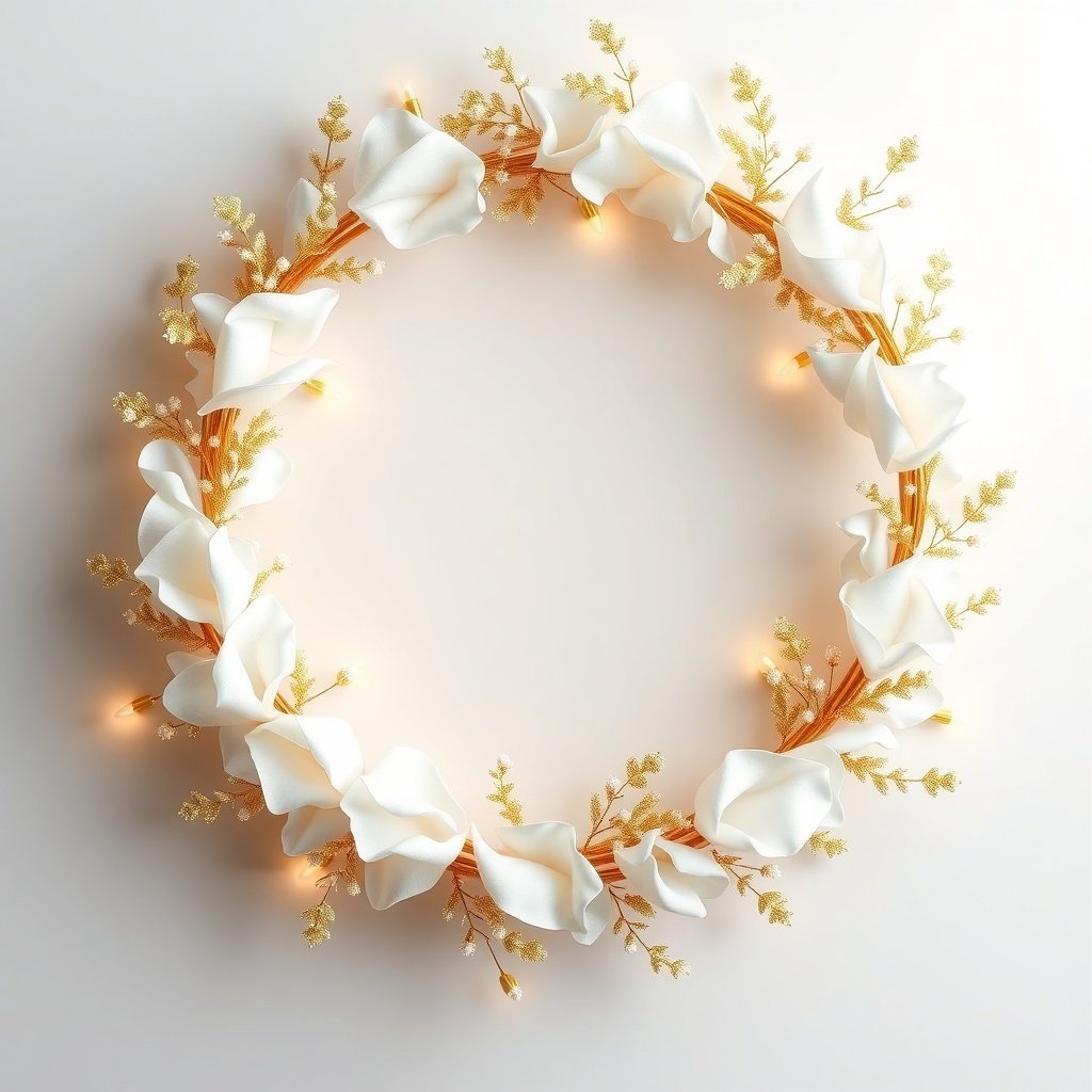 A gold and white Christmas wreath with soft fabric flowers and lights