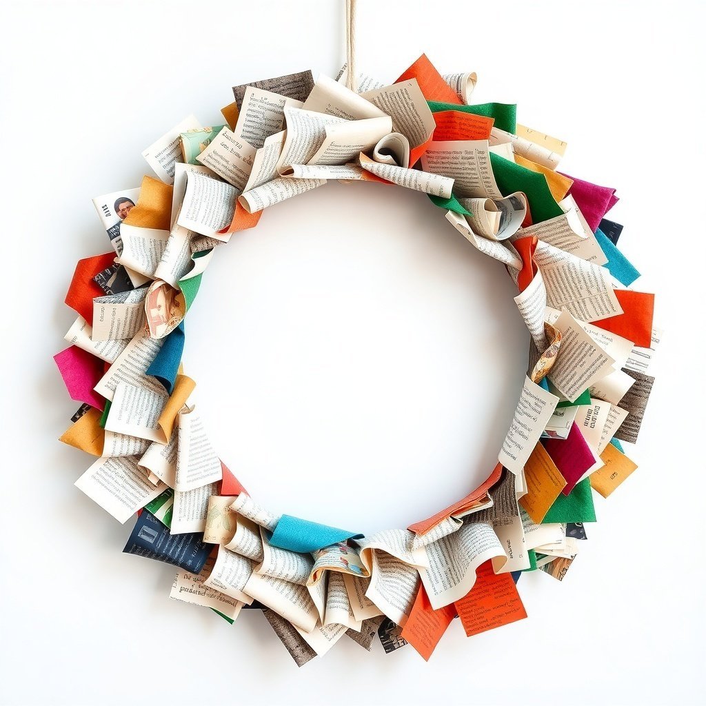 A colorful Christmas wreath made from recycled book pages and felt