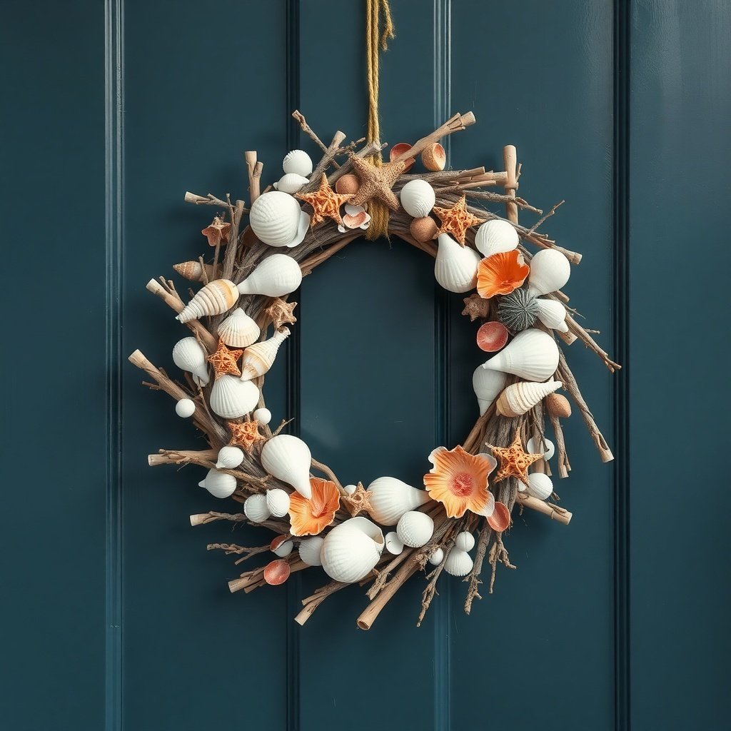 A coastal holiday wreath made of shells and twigs, hanging on a blue door.