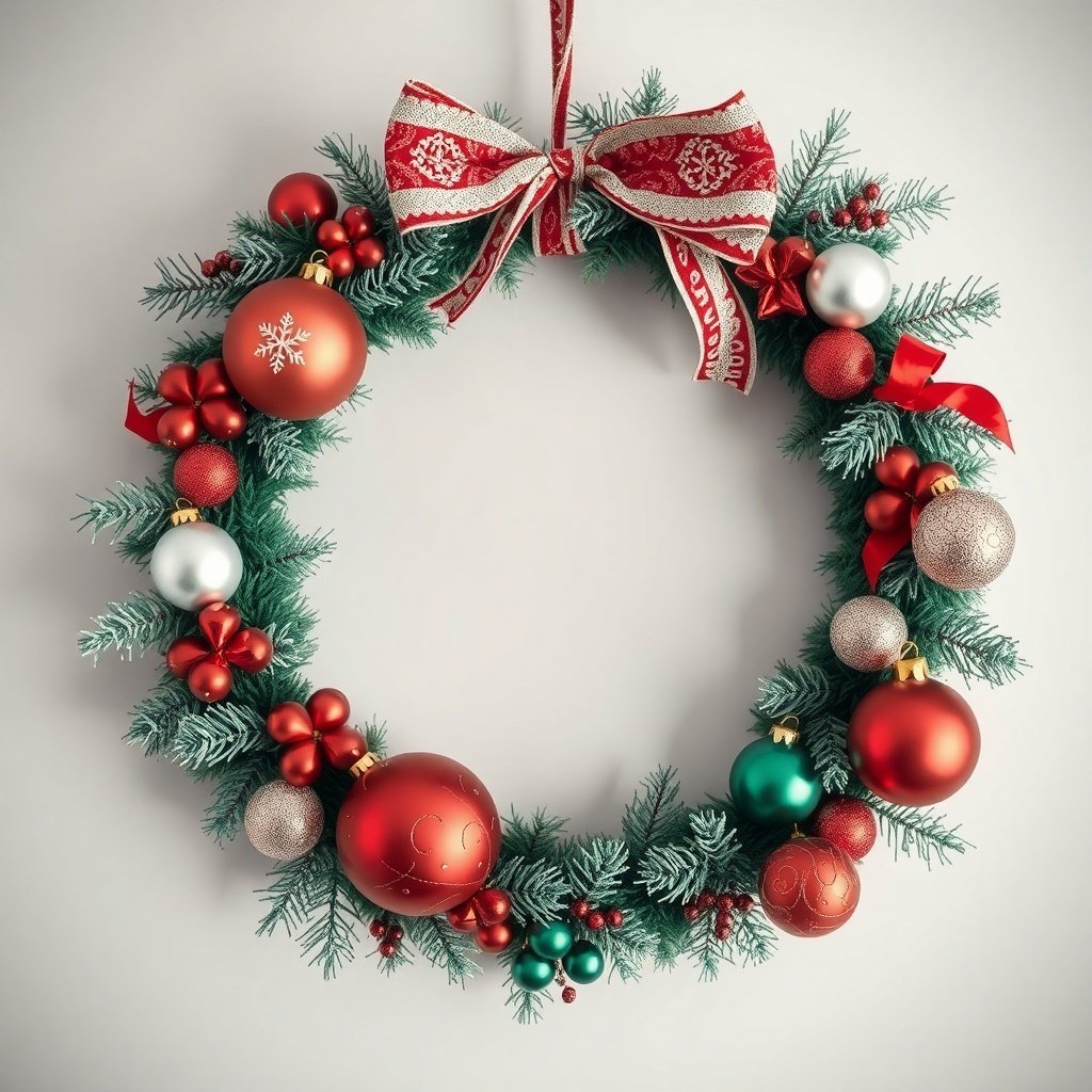 A vintage Christmas wreath decorated with red and green ornaments and a festive ribbon.