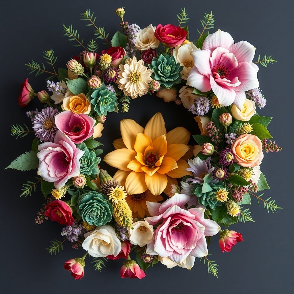 A colorful Christmas wreath featuring a variety of flowers including roses, daisies, and a bright yellow flower at the center.