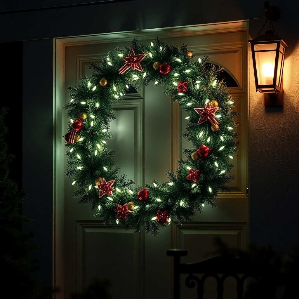 A beautifully decorated LED lighted Christmas wreath hanging on a door, featuring red and gold ornaments and glowing lights.