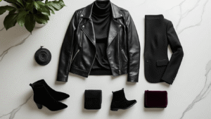 Sophisticated all-black monochrome outfit flatlay featuring a leather jacket, silk turtleneck, wool blazer, black denim jeans, suede ankle boots, and velvet accessories on a clean white marble surface, highlighted by warm natural side lighting.