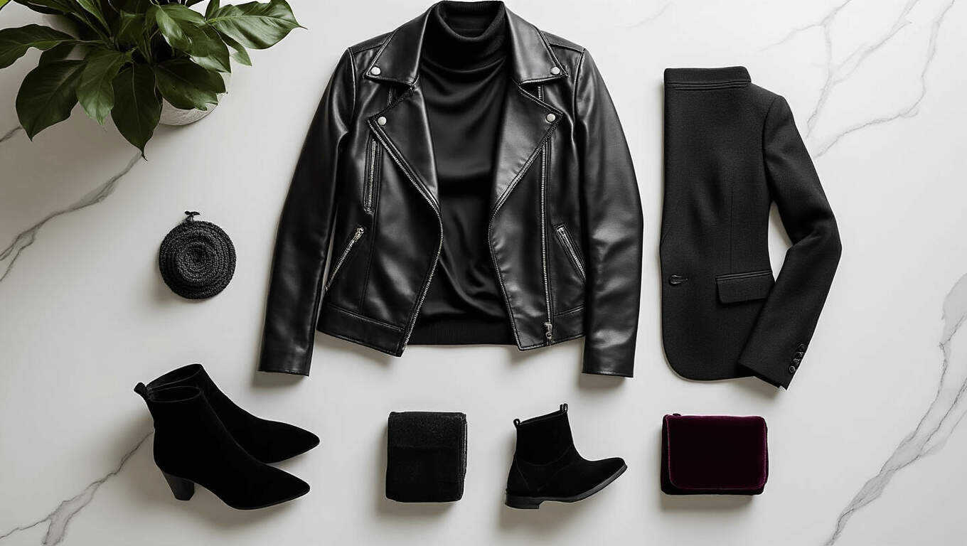 Sophisticated all-black monochrome outfit flatlay featuring a leather jacket, silk turtleneck, wool blazer, black denim jeans, suede ankle boots, and velvet accessories on a clean white marble surface, highlighted by warm natural side lighting.