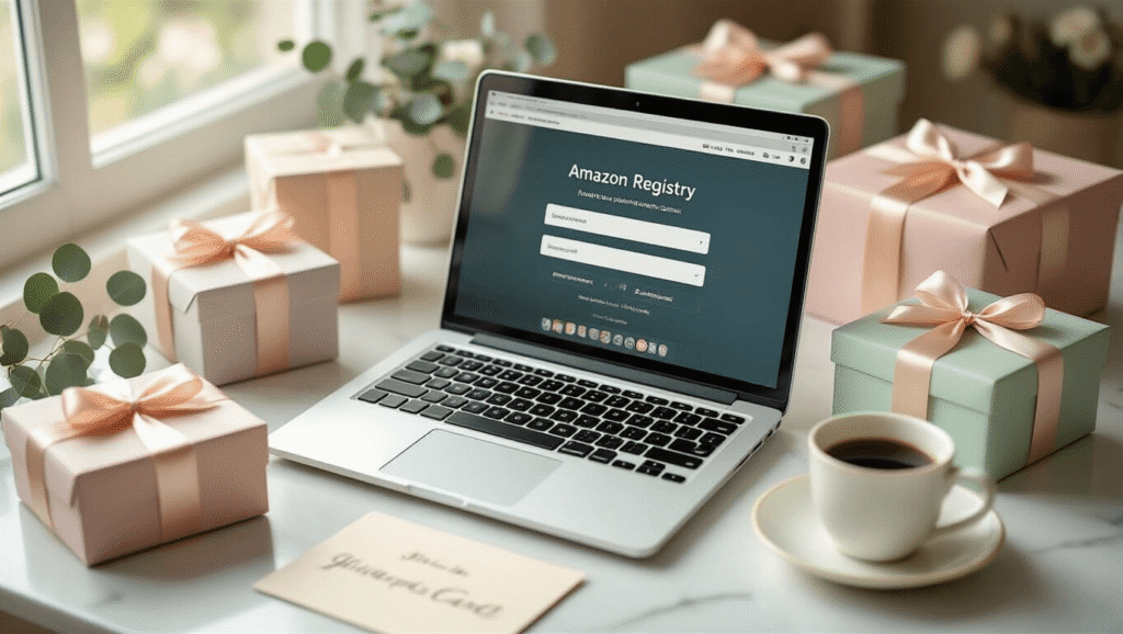 A flatlay image of a desktop scene with an open laptop showing an Amazon registry search page, surrounded by pastel-wrapped gift boxes, a steaming coffee cup, a handwritten gift card, and eucalyptus sprigs, on a white marble surface with soft natural light.