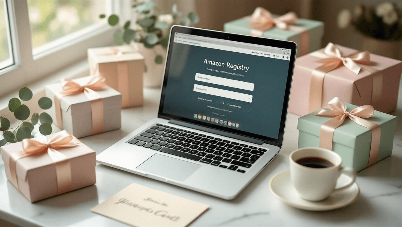 A flatlay image of a desktop scene with an open laptop showing an Amazon registry search page, surrounded by pastel-wrapped gift boxes, a steaming coffee cup, a handwritten gift card, and eucalyptus sprigs, on a white marble surface with soft natural light.