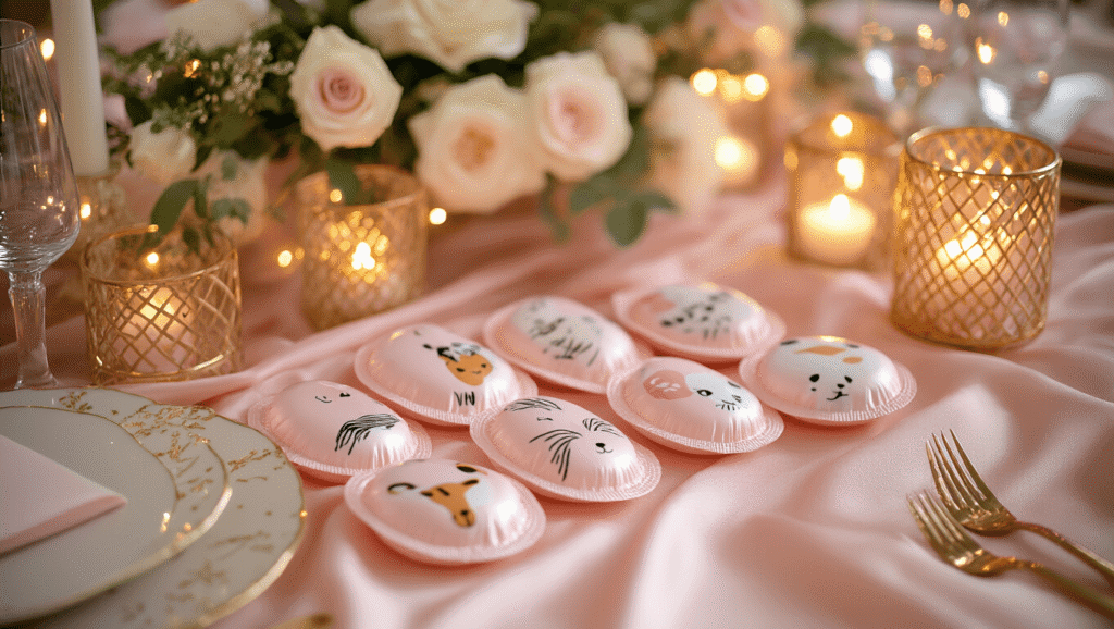 Elegant bachelorette party tablescape with blush pink silk linens adorned with hand-painted novelty condoms featuring animal designs, delicate white rose floral centerpieces, gold geometric candle holders, and soft fairy lights, captured from above with a shallow depth of field.