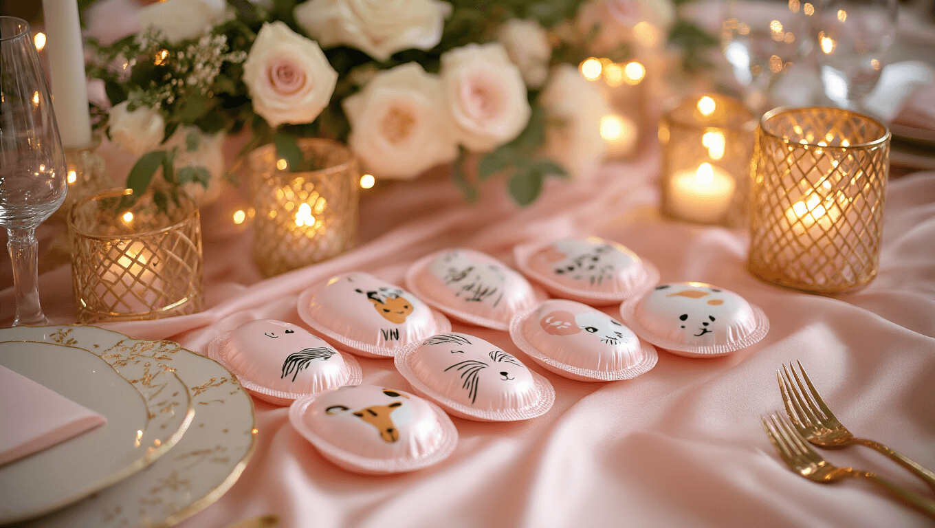 Elegant bachelorette party tablescape with blush pink silk linens adorned with hand-painted novelty condoms featuring animal designs, delicate white rose floral centerpieces, gold geometric candle holders, and soft fairy lights, captured from above with a shallow depth of field.