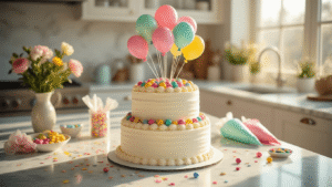 How to Create a Show-Stopping Cake with Balloons That'll Make Everyone Gasp Three-tier white buttercream cake with colorful candy balloon toppers on a marble countertop, surrounded by fresh flowers and edible confetti, illuminated by golden hour sunlight.