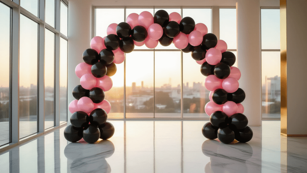 Cinematic view of a black and pink balloon arch in a modern white venue, enhanced by golden hour lighting, featuring chrome and matte balloons, metallic gold ribbons, and warm ambient lighting that creates an elegant and celebratory atmosphere.