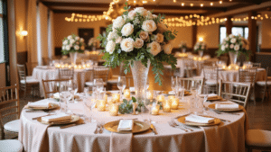 Elegantly decorated round wedding table with blush linens, crystal vases of garden roses, golden chargers, and soft candlelight, captured in warm, romantic lighting.