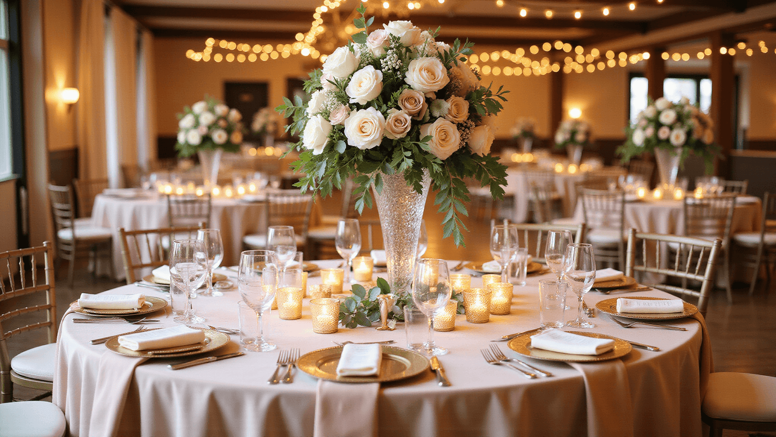 Elegantly decorated round wedding table with blush linens, crystal vases of garden roses, golden chargers, and soft candlelight, captured in warm, romantic lighting.