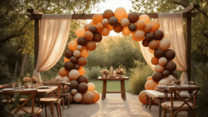 Cinematic wide-angle view of an elegant boho bridal shower featuring a gradient brown balloon arch, rustic wooden furniture, and flowing linen drapes, all bathed in warm golden hour lighting.