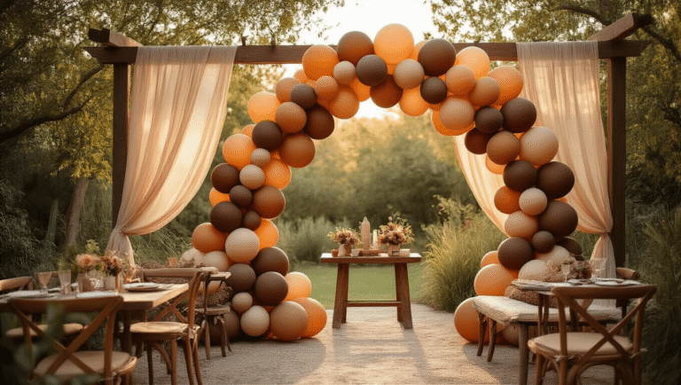 Cinematic wide-angle view of an elegant boho bridal shower featuring a gradient brown balloon arch, rustic wooden furniture, and flowing linen drapes, all bathed in warm golden hour lighting.