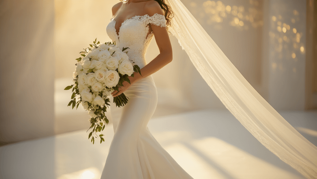 Bride in ivory silk wedding gown walking down a minimalist white aisle at golden hour, holding a cascading white rose bouquet, with soft sunlight creating warm light patterns on the fabric.
