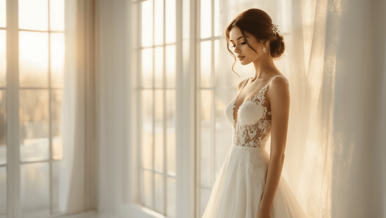 Bride in an elegant ivory silk lace dress near tall floor-to-ceiling windows, illuminated by warm golden hour light in a minimalist white studio, creating a soft, romantic atmosphere.