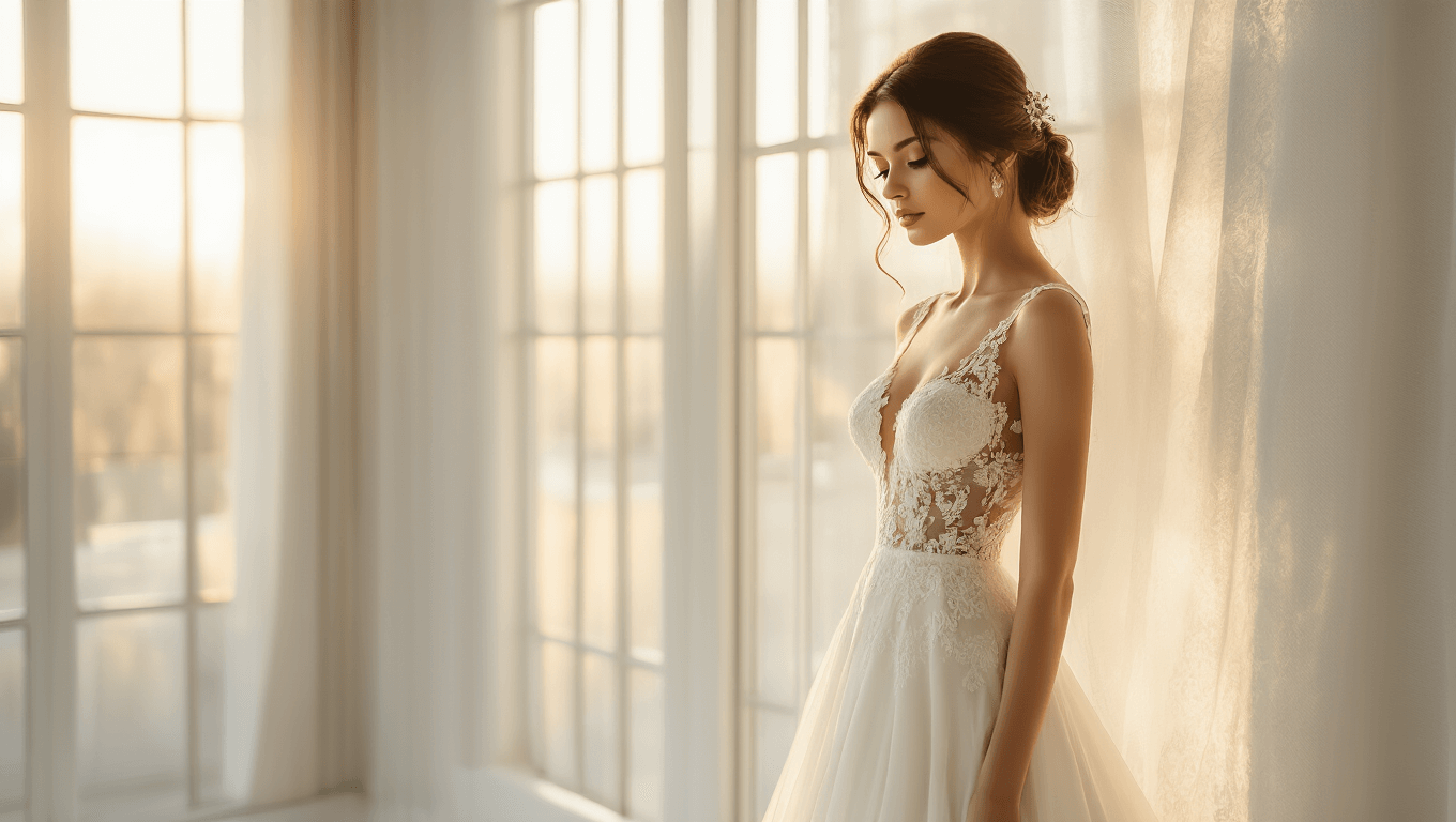 Bride in an elegant ivory silk lace dress near tall floor-to-ceiling windows, illuminated by warm golden hour light in a minimalist white studio, creating a soft, romantic atmosphere.