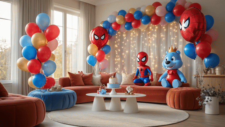 A vibrant modern living room transformed into a magical party space, featuring clusters of colorful Spider-Man, Bluey, and Disney princess balloons, with soft golden hour lighting, a white cake stand, balloon garland backdrop, velvet cushions, marble surfaces, fairy lights, and eucalyptus accents, creating an inviting atmosphere.