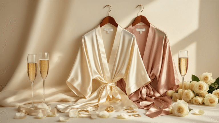 Champagne and blush silk robes elegantly displayed on wooden hangers with champagne flutes, rose petals, gold jewelry, and personalized hangers on a soft cream background, illuminated by warm natural light.