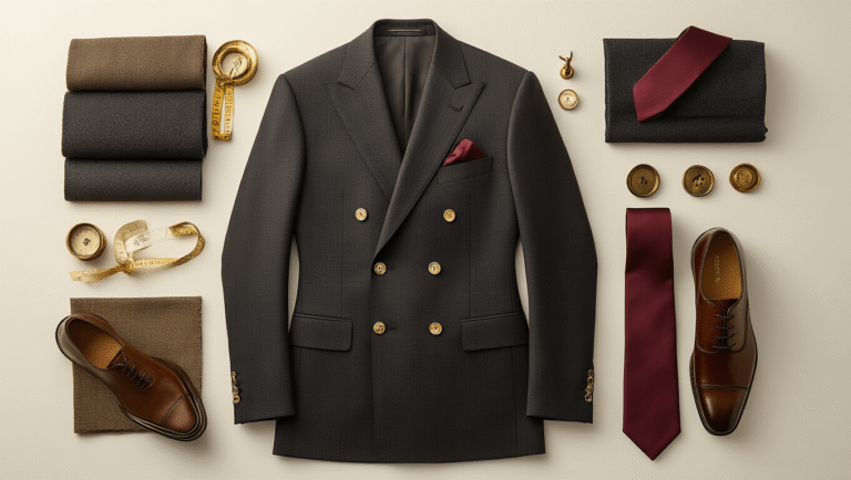 A charcoal double-breasted suit jacket displayed on a white surface, surrounded by fabric swatches, a vintage measuring tape, mother-of-pearl buttons, and a silk pocket square, all bathed in warm golden light, conveying craftsmanship and sartorial elegance.