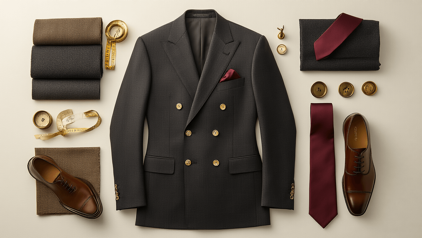 A charcoal double-breasted suit jacket displayed on a white surface, surrounded by fabric swatches, a vintage measuring tape, mother-of-pearl buttons, and a silk pocket square, all bathed in warm golden light, conveying craftsmanship and sartorial elegance.
