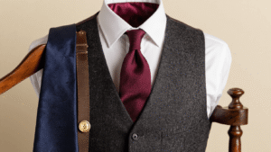 A charcoal gray wool waistcoat with burgundy silk lining on a vintage valet stand, accompanied by a white dress shirt, navy tie, and brass collar stays, all illuminated by soft golden hour light against a clean ivory background.