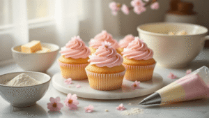 Cinematic overhead shot of fluffy cherry blossom cupcakes with pale pink sakura buttercream on a marble counter, surrounded by scattered cherry blossoms and baking tools in soft morning light.