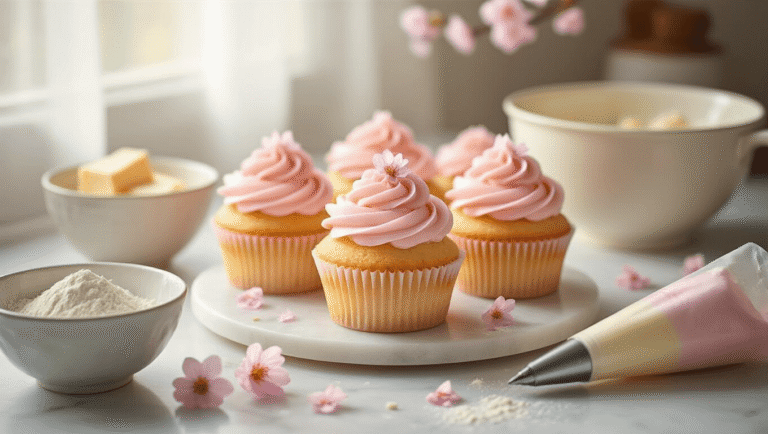 Cinematic overhead shot of fluffy cherry blossom cupcakes with pale pink sakura buttercream on a marble counter, surrounded by scattered cherry blossoms and baking tools in soft morning light.