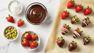 Cinematic overhead view of a chocolate-dipped strawberry preparation station with dark chocolate in a bowl, fresh strawberries, and toppings on a white marble surface, creating an inviting atmosphere.