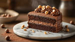 Cinematic close-up of a decadent chocolate hazelnut cake with creamy Nutella frosting and toasted hazelnuts on a marble plate, featuring warm golden lighting, steam rising, and a rustic kitchen background with cocoa powder dusting and melted chocolate drizzle.
