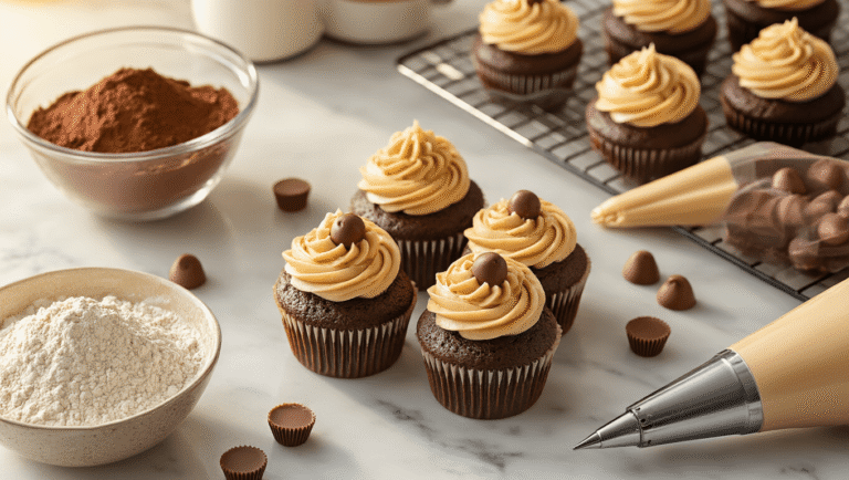 Overhead view of rich chocolate cupcakes with creamy peanut butter frosting, surrounded by cocoa powder, flour, buttermilk, eggs, and mini peanut butter cups on a marble countertop, bathed in warm golden hour light.