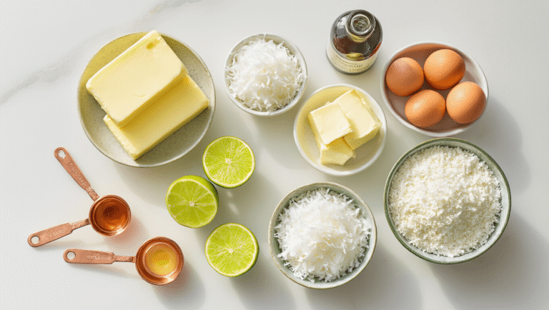 Overhead view of tropical cupcake ingredients including butter, lime halves, coconut flakes, eggs, and cream cheese on a white marble counter, accented by copper measuring spoons and a glass jar of flour, bathed in warm golden hour light.