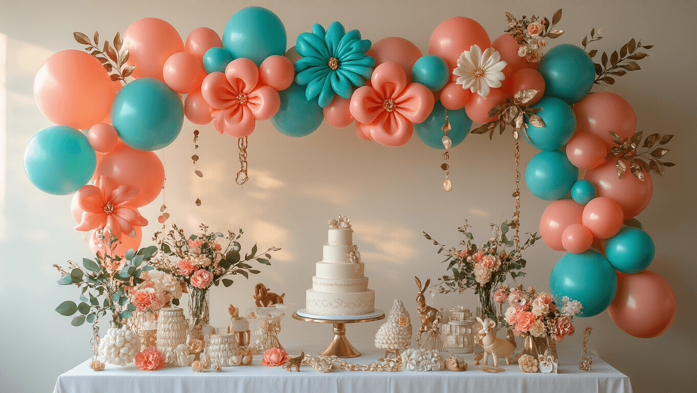 Cinematic overhead view of a sophisticated party balloon installation with coral, turquoise, and champagne balloons forming chains, flowers, and bows, illuminated by golden hour light over a white linen dessert table with metallic accents.
