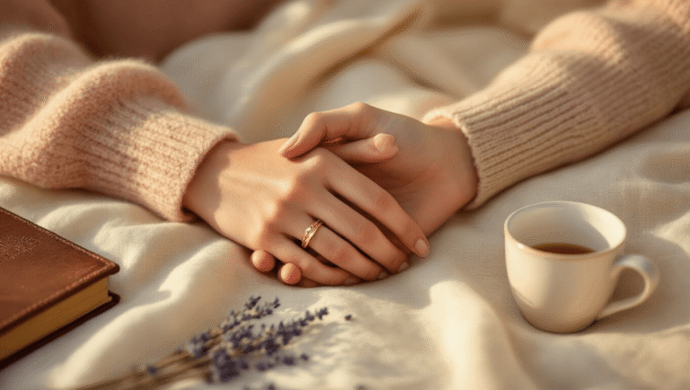 A close-up of two intertwined hands on soft cream fabric, one adorned with a gold band, surrounded by a dusty rose sweater, dried lavender, a vintage journal, and a white coffee cup, bathed in warm golden hour light.