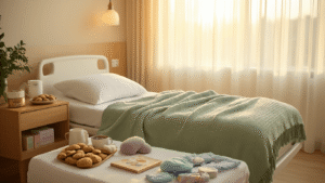 A bright, sunlit recovery room featuring a white hospital bed with a sage green weighted blanket and plush body pillow, surrounded by comfort essentials like gourmet cookies, tea, and lavender diffuser, all in a warm, inviting color palette.