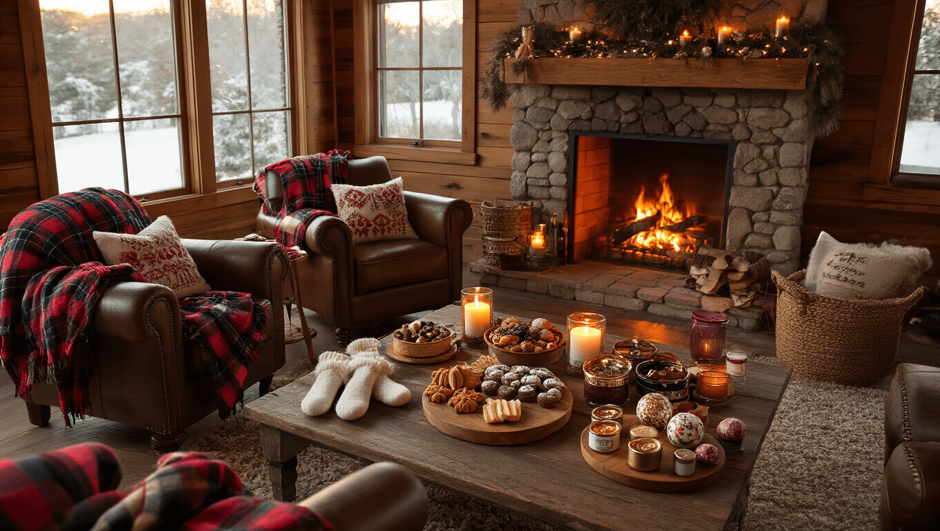 Cinematic overhead view of a cozy rustic living room with a warm fireplace, vintage armchairs draped in plaid blankets, a charcuterie board with artisan chocolates, fuzzy socks, scented candles, and soft fairy lights during a winter gift exchange.