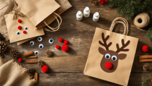 Cinematic overhead shot of a rustic wooden table with festive kraft paper gift bags, scattered craft supplies like googly eyes, red pom-poms, and jute twine, and a completed reindeer bag, all illuminated by warm golden hour light.