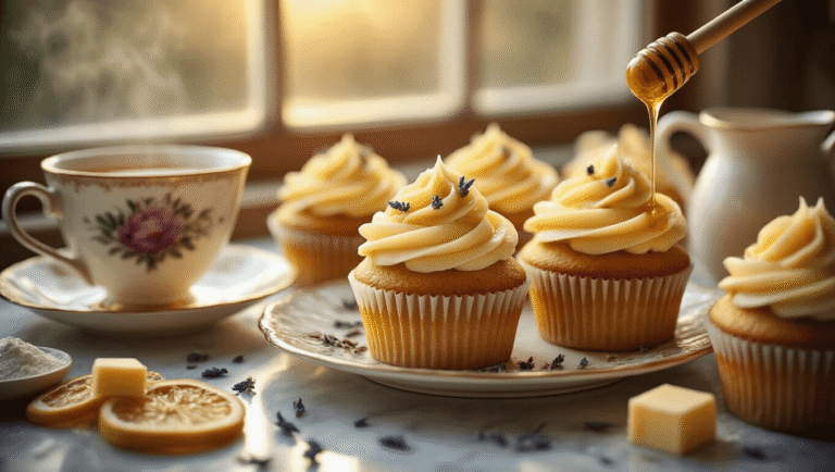 Close-up of Earl Grey cupcakes topped with golden honey frosting, surrounded by loose tea leaves and dried lemon slices, with a wooden dipper dripping honey, lavender buds for garnish, and a ceramic pitcher of steaming tea-infused milk on a marble countertop, all illuminated by warm golden hour light.