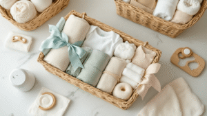 Overhead view of elegant baby gift baskets on a marble countertop, featuring swaddles, onesies, teethers, and nursery essentials, accented with ribbons in dusty blue and blush, all bathed in warm golden hour lighting.