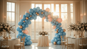 How Blue Balloons Transformed My Event Styling Game (And They'll Change Yours Too) Elegant ballroom decorated with a dusty blue and blush pink balloon arch, illuminated by warm golden hour sunlight; featuring marble tables with rose gold accents, silk cream linens, and vases of eucalyptus and cream roses, creating a romantic and luxurious celebration atmosphere.
