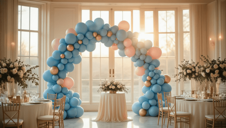 Elegant ballroom decorated with a dusty blue and blush pink balloon arch, illuminated by warm golden hour sunlight; featuring marble tables with rose gold accents, silk cream linens, and vases of eucalyptus and cream roses, creating a romantic and luxurious celebration atmosphere.