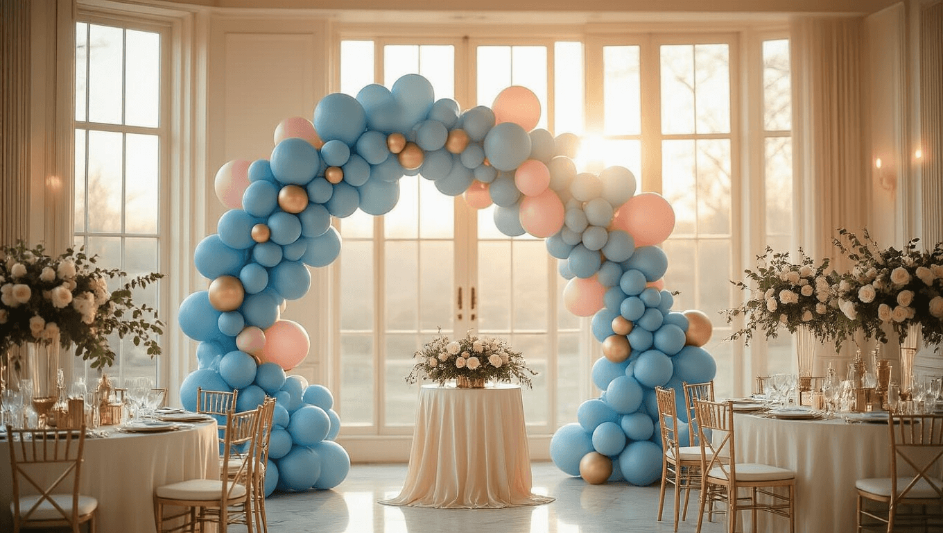 Elegant ballroom decorated with a dusty blue and blush pink balloon arch, illuminated by warm golden hour sunlight; featuring marble tables with rose gold accents, silk cream linens, and vases of eucalyptus and cream roses, creating a romantic and luxurious celebration atmosphere.