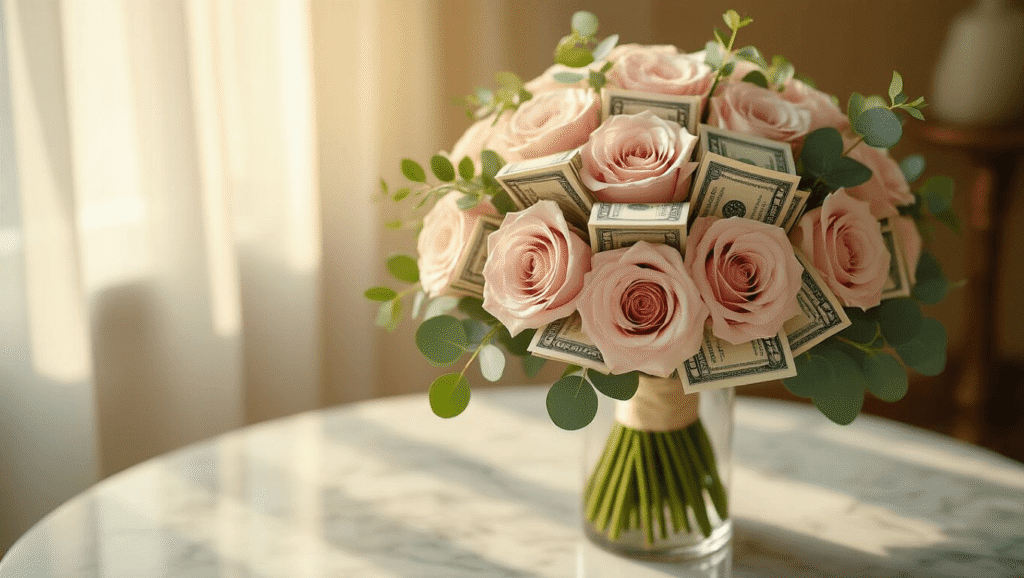 Close-up of a cash bouquet featuring dollar bill flowers, blush pink roses, and eucalyptus in a crystal vase on a white marble table, illuminated by soft golden hour light filtering through sheer curtains.