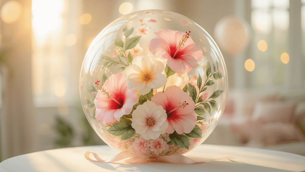 Cinematic close-up of elegant floral balloons with watercolor hibiscus patterns in blush pink, sage green, and ivory, featuring a transparent bubble balloon with a faux botanical bouquet, illuminated by warm golden hour light against a creamy bokeh background.